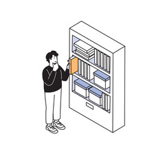 アイソメトリック構図　本棚と男性のシンプルなイラスト  © matsu