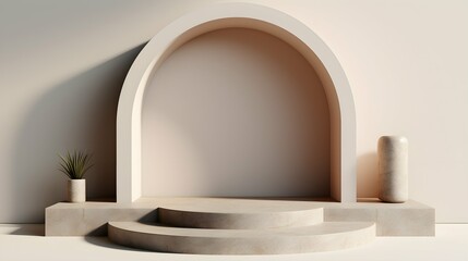 Abstract minimal scene with round podium and arch.