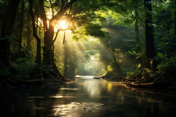Soft Glow in the Rainforest: Tranquil Sunlit Clearing
