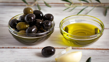black and green olives and olive oil on a white wooden table, rustic, macro