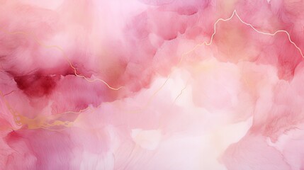 Pink texture watercolor background, abstract paint stain with gold details