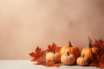 Naklejka na ściany i meble Autumn Harvest: Vibrant Pumpkins and Falling Leaves on Beige Background