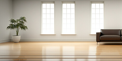 Room with white walls, sofa, and plant, with wood flooring for product presentation. - AI-Generated