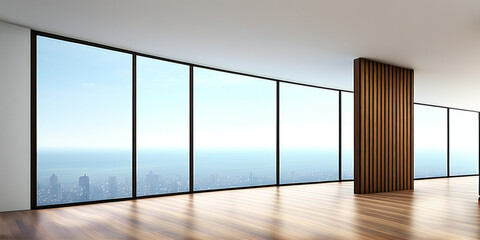 Room with many windows and wooden structure with wood floors for product presentation - AI-Generated