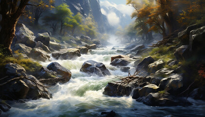 Naklejka na ściany i meble Rapid mountain stream flowing and splashing against rocky cliff