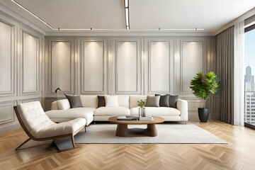 Modern living room interior with white sofa near empty beige wall. 3d rendering.