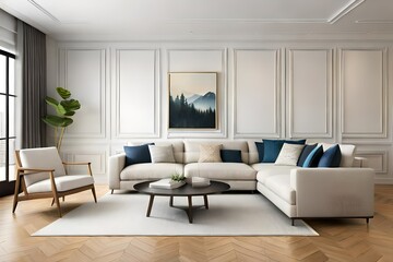 Modern living room interior with white sofa near empty beige wall. 3d rendering. Template