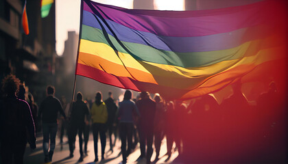 People holding rainbow flag on lgbtq pride parade, Ai generated image
