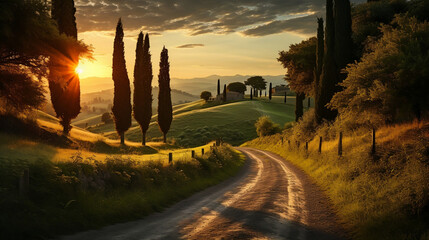 Serenity of Tuscan Landscapes: Picturesque Road Amidst Cypress Trees in Italy