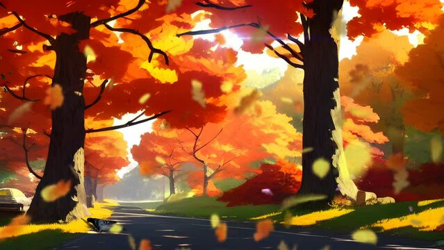 autumn trees in the park. Seamless loop animation. Watercolor painting anime style