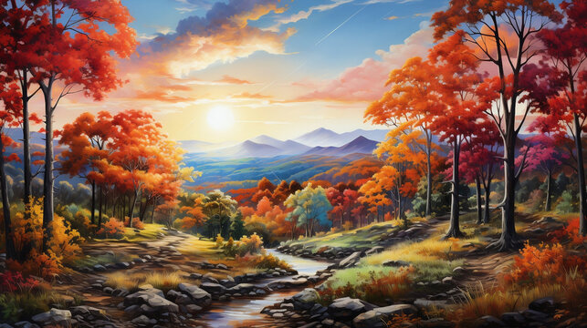 Vibrant and Serene: A Colorful Forest Painting Illuminated by a Bright Sky