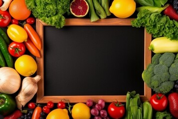 Top view of empty frame amidst fresh vegetables and fruits. generative ai - obrazy, fototapety, plakaty