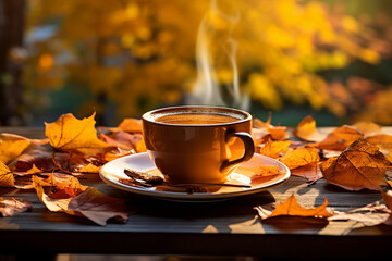Naklejka na ściany i meble Autumn vibes with a steaming cup of coffee and fallen leaves