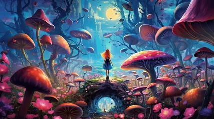Foto op Aluminium a beautiful girl in the surreal world of wonders. Giant mushrooms and vibrant colors © Jacques Evangelista