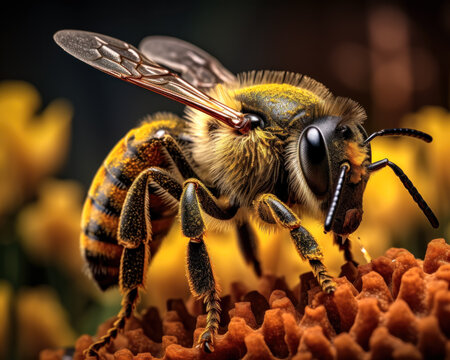 Closeup of a HoneyBee with Hairs and Stripes on an Orange Flower Pollinating Bee with Amazing Det AI Generative