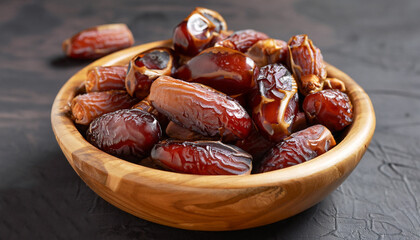 ripe dried dates in a wooden bowl on a black background, breakfast on a rustic table, close-up, selective focus