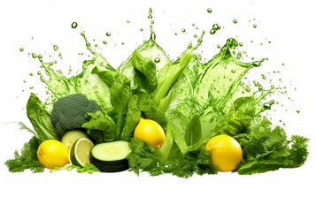 fresh green vegetables with water splashes isolated on white background. generative ai