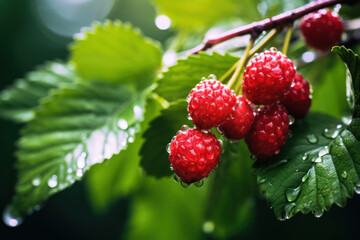 Fresh raspberry with water drops, wild berries