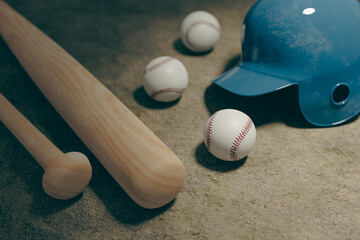 Baseball bats, balls and helmets on the ground, 3d rendering