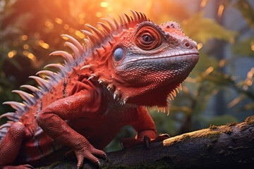 Fototapeta premium A red iguana on a tree branch in a tropical setting, spikes running down its back