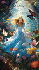 Fototapeta premium a beautiful girl in the surreal world of wonders. Giant mushrooms and vibrant colors