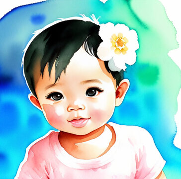 baby girl with white flower on her hair watercolor illustration, black hair, Thai, generative ai, watercolor child for design