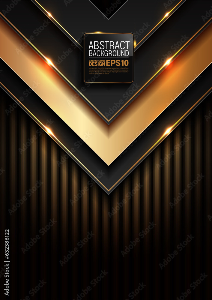 Wall mural black gold background, golden light luxury image abstract, straight lines overlap layer shadow gradients space composition for banner, flyer cover layout, website template design