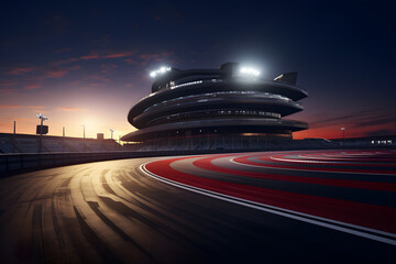 Fototapeta premium Curved asphalt racing track and illuminated race sport at stadium evening arena and spotlight, AI generate