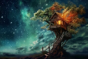 Tree house with a beautiful view of the sky at night. generative ai
