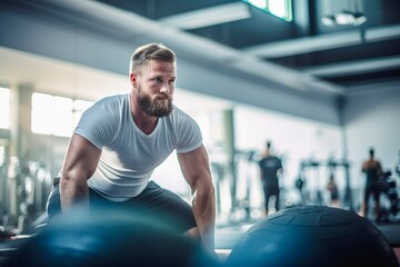 Fototapeta na wymiar Caucasian attractive man exercising in the gym