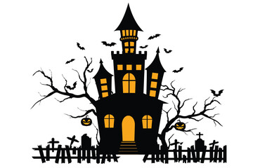 Haunted house halloween with bat, tree, grave, pumpin, elements
