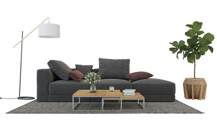 Interior furniture set 3D render. Living room house floor template background mockup design , isolated on transparent background