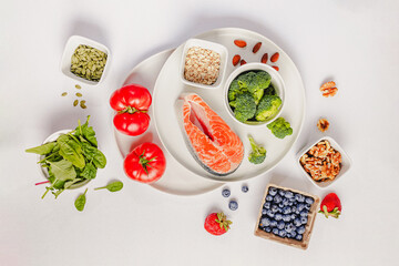Different whole unprocessed products related to anti-inflammatory diet, variety of fresh healthy...