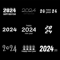 Collection of 2024 Happy New Year logo text design. Holiday concept. Vector illustration with white labels logo for calendars, diaries, stationery and notebooks on black background.