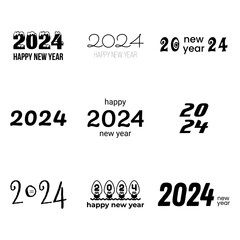 Collection of 2024 Happy New Year logo text design. Holiday concept. Vector illustration with black labels logo for calendars, diaries, stationery and notebooks on white background.