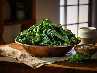 A Close Up of Collard Greens on a Table in a Kitchen with a Shallow Depth of Field
