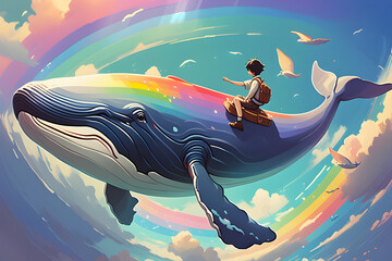 Whale boy flying in the rainbow sky,
Generative AI