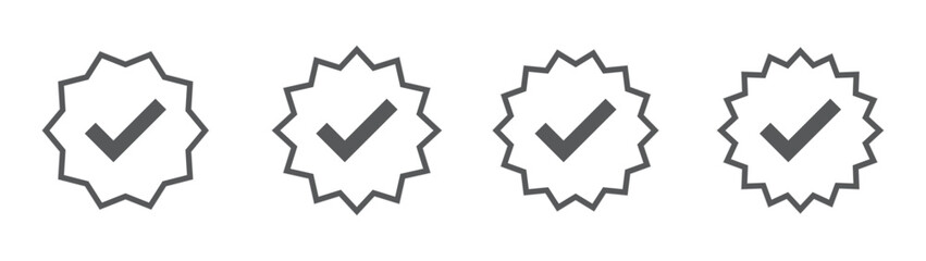 Approval set icons, Flat verified profile icon with soft grey outline. Tick in rounded corners star. Check mark sign. Verification Vector illustration. Symbol of approval.