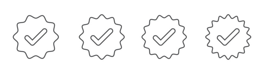 Verification icon set, Guaranteed stamp or verified badge. Verified icon stamp. Approved line icon vector. Checklist icon vector. Approved profile sign. Tick in rounded corners star. Check mark symbol - obrazy, fototapety, plakaty