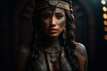 Fototapeta na wymiar Portrait of a young woman with aztec origins tattooed