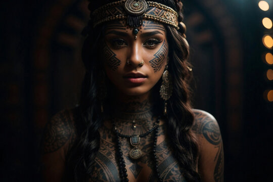 Portrait of a young woman with aztec origins tattooed