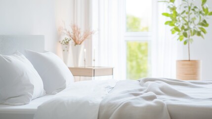 Fototapeta na wymiar Minimalist bedroom interior with close-up on the bed.