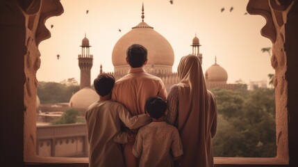Muslim family view mosque. muslim family eid greetings back view, Jumma Mubarak