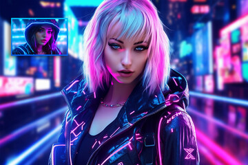 Cyberpunk woman portrait futuristic neon style. Generative AI