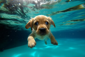 Underwater funny photo of golden labrador retriever puppy in swimming pool. Generative AI