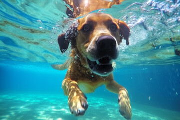 Underwater funny photo of golden labrador retriever puppy in swimming pool. Generative AI