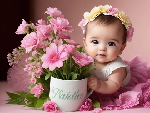 Little Baby Girl With Pink Flower Bunch 