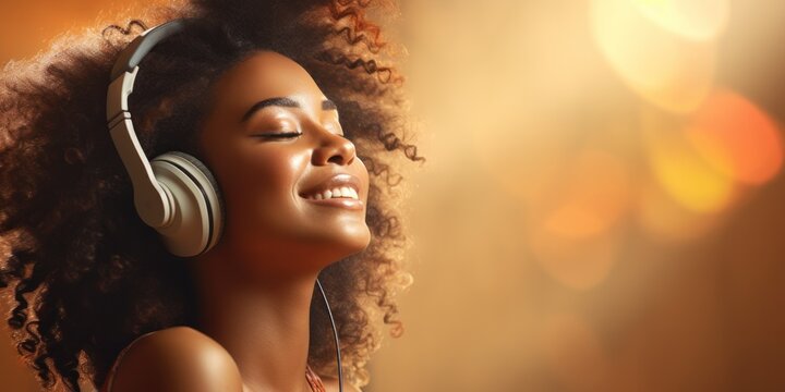 illustration of an African American woman in headphones listening to the music, generative AI