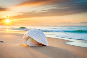 Fototapeta na wymiar big seashell on sandy tropical beach, sea or ocean in the background, beautiful sea landscape, tropical paradise created with generative ai technology