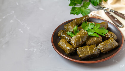 Stuffed grape leaves - traditional Mediterranean cuisine, Dolma on a brown plate with fresh parsley on a light gray background, Space for text